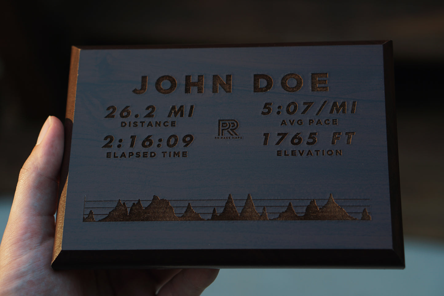 Custom Engraved Race Stats Plaque - Cherry Wood